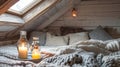A rusticchic attic hideaway with cozy throws and candles for a snug and intimate atmosphere Royalty Free Stock Photo