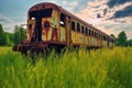 rusting abandoned train in a green field