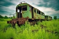 rusting abandoned train in a green field