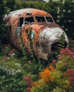 A rusting jet lies forgotten in a riot of wildflowers and lush greenery its faded paint ly noticeable beneath the