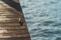 Rusting mooring cleat on old dock against out of focus water background Royalty Free Stock Photo