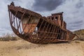 Rusting ship at the Ship Cemetery near Moynaq village at the former coast of Aral Sea, Uzbekist