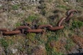 A rusting ship& x27;s anchor chain decaying into the ground