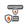 Rustproof with shield and water drop label Royalty Free Stock Photo