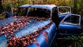 An rusty, abandoned car covered in fallen leaves Royalty Free Stock Photo