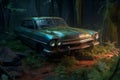 Rusty abandoned car in forest. Generate Ai