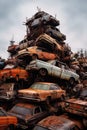 rusty, abandoned cars piled up in a junkyard