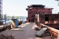 Rusty, abandoned ship under construction, unfinished ship at the factory Royalty Free Stock Photo