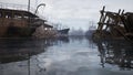 Rusty abandoned ships in the sea bay. Destroyed abandoned industrial ships. 3D Rendering