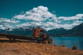 Rusty abandoned truck on a mountain road. Royalty Free Stock Photo