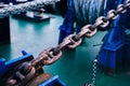 Rusty anchor chain on the bow. Part of mooring equipment. Blur. Close-up. Background Royalty Free Stock Photo