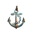 Rusty anchor with chain and rope. Marine object isolated on white background. Hand drawn marine watercolor illustration Royalty Free Stock Photo