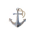 Rusty anchor with rope- watercolor illustration isolated on white background