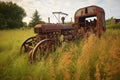 rusty antique farming machinery in tall grass