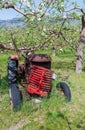 A rusty antique Massey Harris tractor with a broken grille