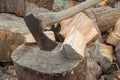 Rusty Axe on a Stump Beside Chunks of Firewood Royalty Free Stock Photo