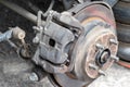 Rusty back car wheel hub with brake disc at tire shop. Car without a wheel while replacing on the tire service center