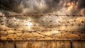 Rusty barbed wire fence against a dramatic sunset sky, symbolizing confinement and division. Generative AI Royalty Free Stock Photo
