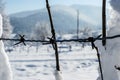 Rusty barbed wire fence against the snow. Winter scene in mountains on cold day. Landscape. Royalty Free Stock Photo