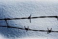 Rusty barbed wire fence against the snow. Winter scene in mountains on cold day. Landscape. Royalty Free Stock Photo