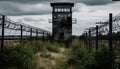 Rusty barbed wire fence surrounds abandoned prison generated by AI