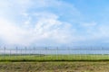 Rusty barbed wire fence under the blue sky in the morning. Royalty Free Stock Photo