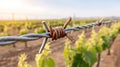 Rusty barbed wire fence in a vineyard setting, creating a boundary with a shallow depth of field emphasis on the aged barb Royalty Free Stock Photo