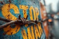 Rusty barbed wire obscuring the message on a weathered stop war sign Royalty Free Stock Photo