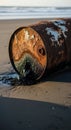 Rusty barrel on seashore leaking oil into sand creating environmental pollution Royalty Free Stock Photo