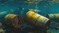 Rusty barrels underwater causing pollution in the ocean, environmental disaster concept Royalty Free Stock Photo