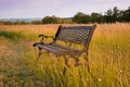 Rusty bench at dusk abandoned in a wild field Royalty Free Stock Photo