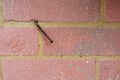 Rusty bent nail in red brick wall