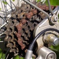 bicycle chain on the back sprockets of a derailleur gear Royalty Free Stock Photo