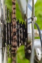 Rusty bicycle chain on the back sprockets of a derailleur gear Royalty Free Stock Photo