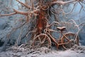 rusty bicycle entangled in frozen tree branches Royalty Free Stock Photo