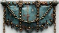 Rusty Blue Metal Plate with Gold Chains and Studs 3D Illustration Royalty Free Stock Photo