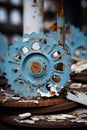 a rusty blue wheel sitting on top of a pile of rusty metal