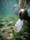Rusty boat propeller submerged underwater with algae. Royalty Free Stock Photo