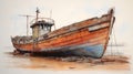 Rusty Boat In Watercolor: Hyperrealistic Art Inspired By Bec Winnel, Scar Dominguez, And Peter Gric