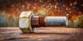 Rusty bolt and nut on corroded metal surface. Generative AI Royalty Free Stock Photo
