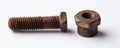 A rusty bolt and nut on a white surface Royalty Free Stock Photo