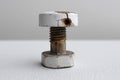 Rusty bolt and nut on a white surface showcasing wear and tear over time Royalty Free Stock Photo