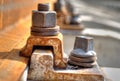 Rusty bolt from trolley track Royalty Free Stock Photo