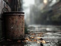 Rusty bucket is sitting on a wet sidewalk