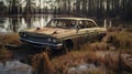 Rusty Car In Swamp: Photorealistic Portrait Of Iconic American Suburban Ennui