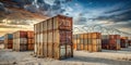 Rusty cargo containers under a dramatic sunset sky, secured by a barbed wire fence. Generative AI Royalty Free Stock Photo