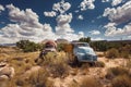 Rusty cars in abandoned town along Route 66