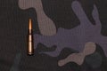 Rusty cartridge 7.62 on a camouflage background. Top view with place for text Royalty Free Stock Photo