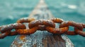 A rusty chain is attached to a wooden plank in the ocean, AI Royalty Free Stock Photo