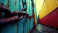 A rusty chain blocks the path in front of vibrant shipping containers, symbolizing economic sanctions and trade